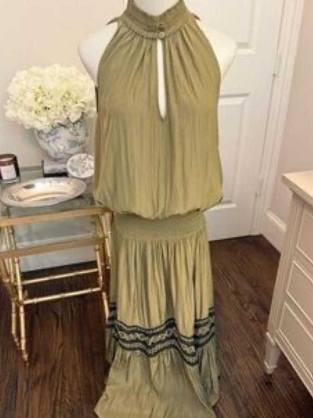 Olive Halter Maxi Dress with Embroidered Trim
